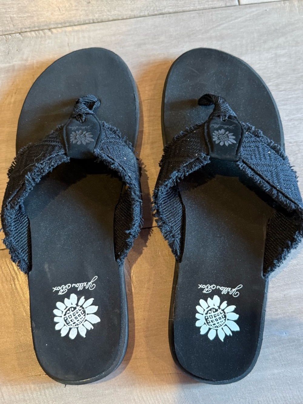 Yellow Box Black Frayed Fabric Thong Sandals
